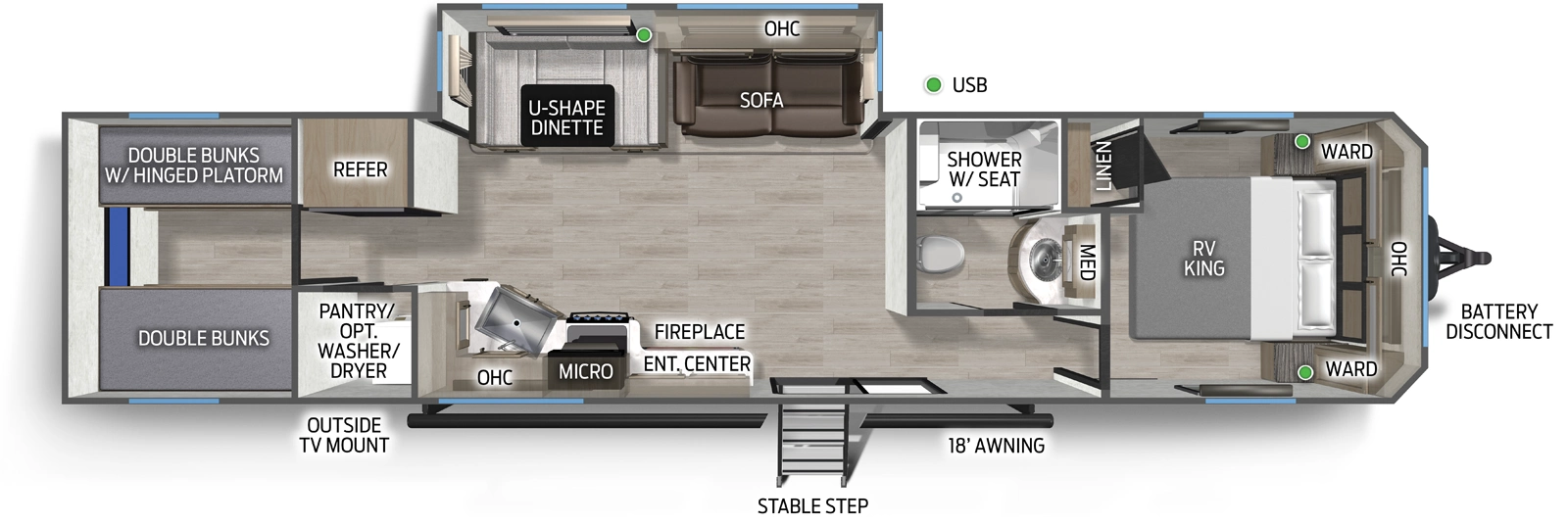 The Cascade 39TNC floorplan has one entry and one slide out. Exterior features include: fiberglass exterior and 18' awning. Interiors features include: bunk beds, u-dinette and front bedroom.